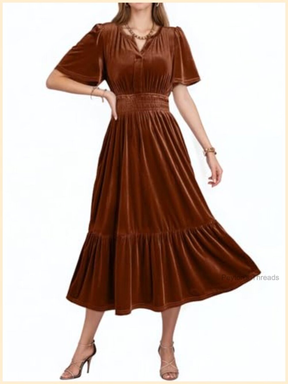 V Neck Short Flared Sleeve Elastic Waist Tiered Ruffle Hem Velvet Midi Dress